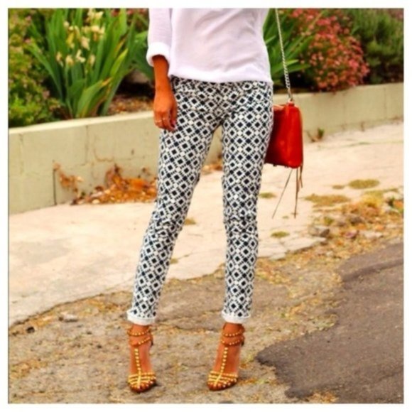 J. Crew Factory Pants - J. Crew White Navy Geo Printed Skinny Pants